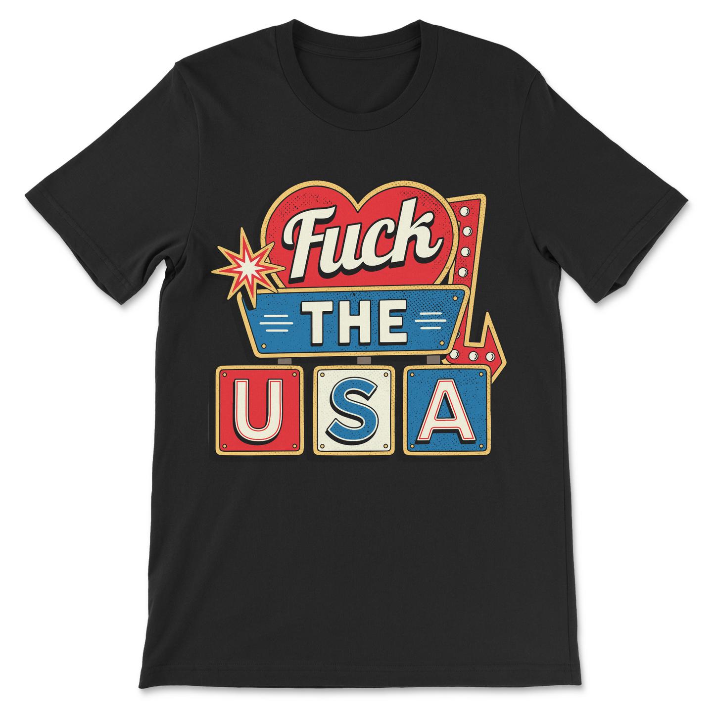 Retro motel sign t-shirt with the slogan "Fuck the USA" and vintage-inspired artwork.
