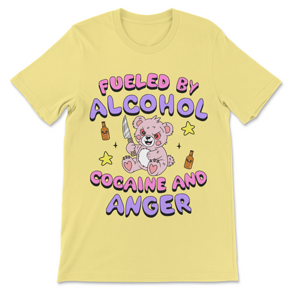 Funny cocaine shirt with the slogan "Fueled By Alcohol, Cocaine and Anger."
