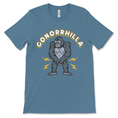 Funny gonorrhilla shirt featuring a gorilla pun with gonorrhea with dark humor and hilarious vulgar vibe.