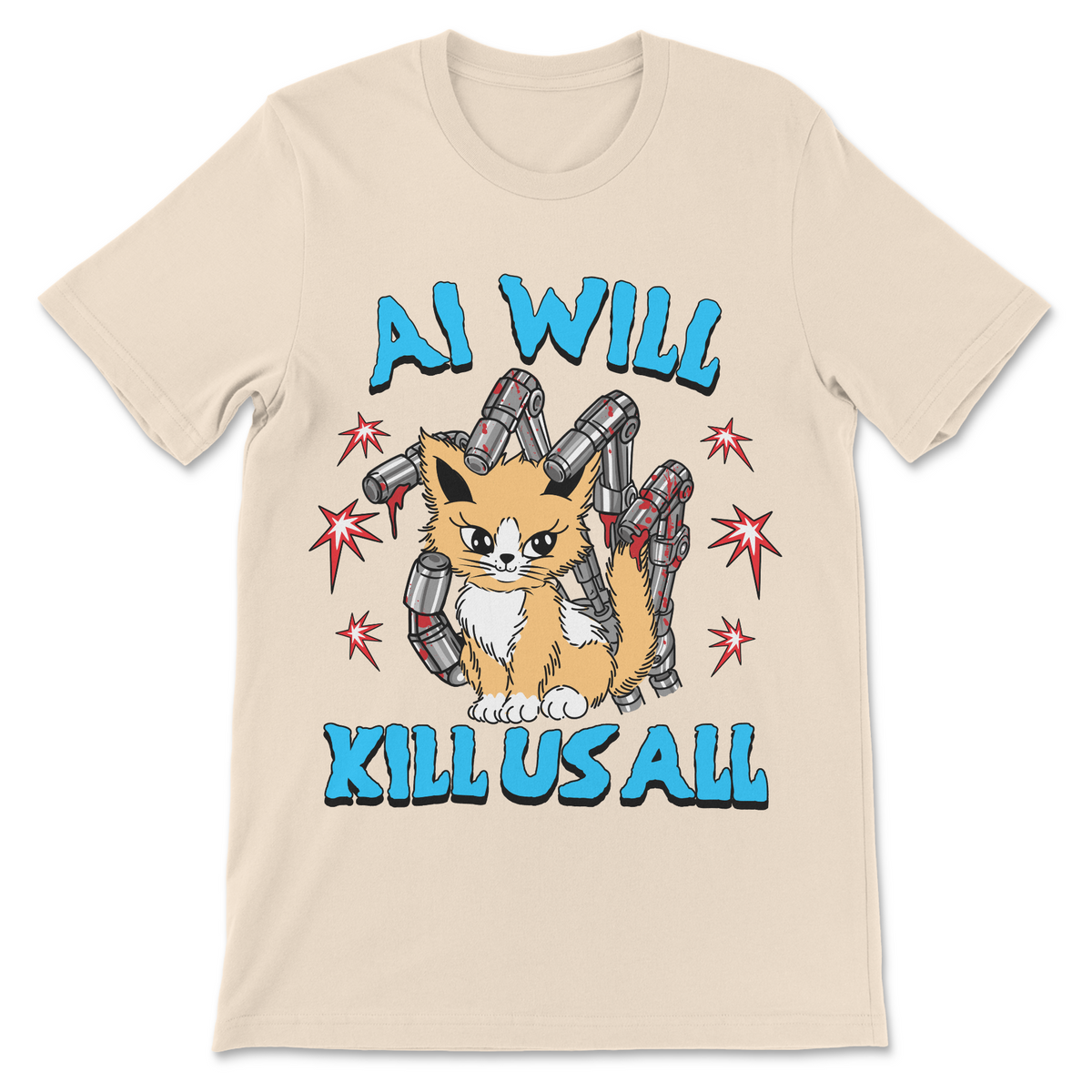 Funny tech humor shirt featuring AI Will Kill Us All slogan with cute cat and killer robot arms in a dark humor design
