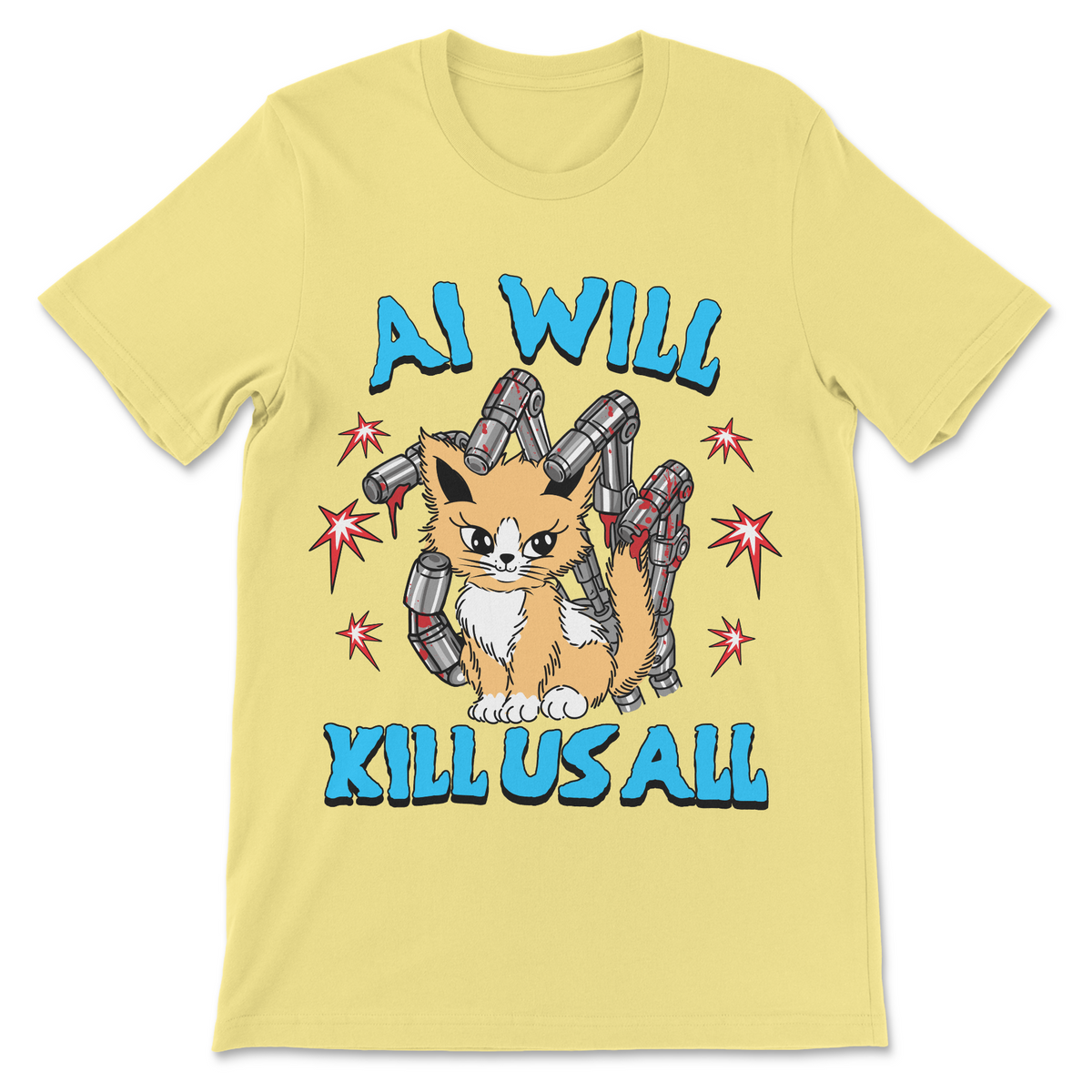Artificial intelligence meme shirt with cute cat, bloody mechanical arms, robot humor and funny AI apocalypse graphic
