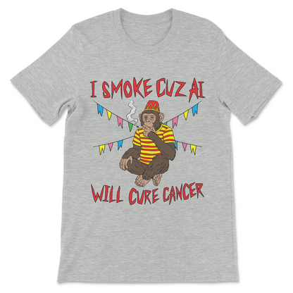 Funny artificial intelligence shirt featuring a smoking monkey wearing a colorful striped shirt