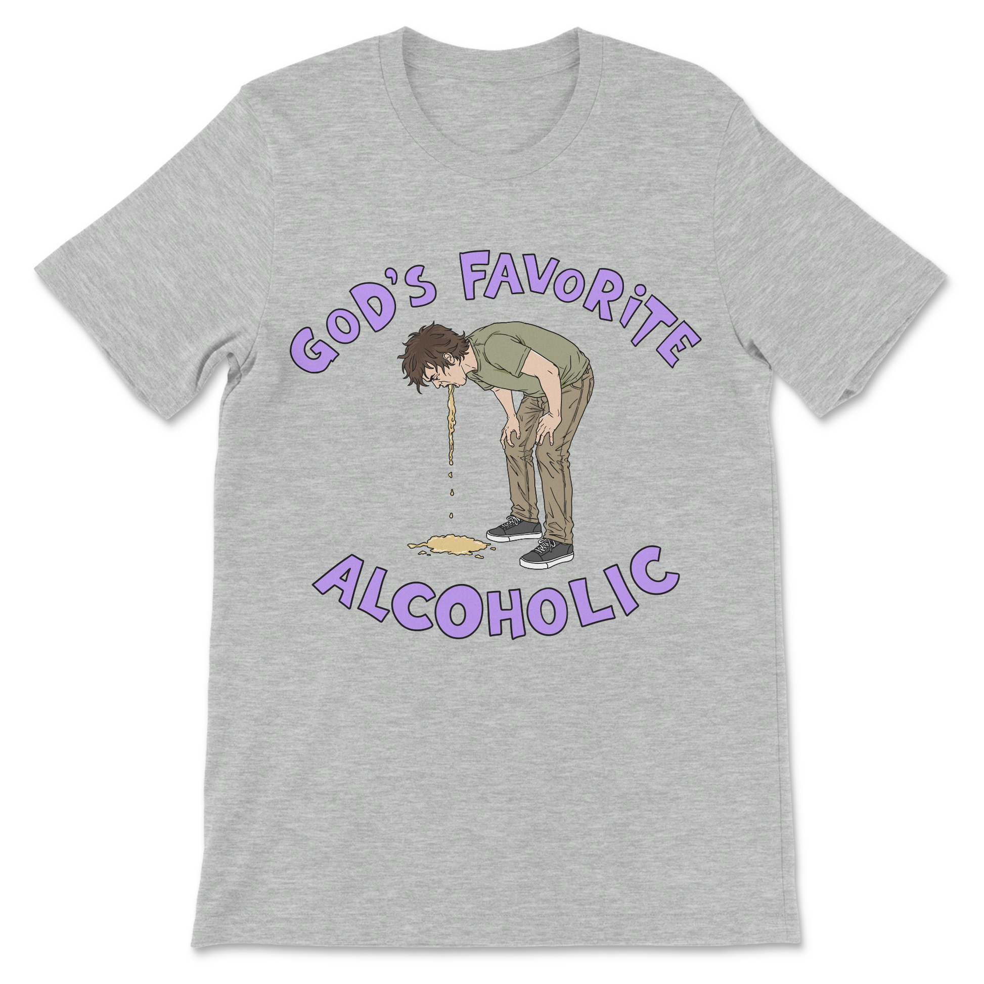 Graphic tee featuring God's Favorite Alcoholic with a man casually throwing up.

