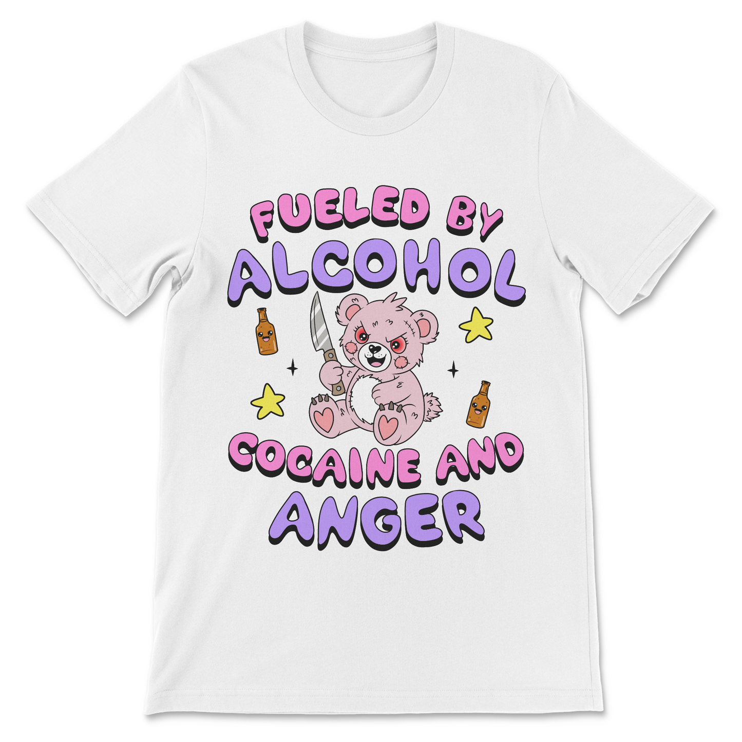 Funny inappropriate t-shirt with Fueled By Alcohol, Cocaine and Anger for fans of dark humor.
