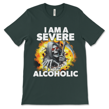 Funny alcoholic meme t-shirt with dark humor design and hard skeleton.