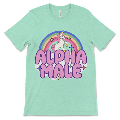 Ironic unicorn alpha male graphic tee, parody of toxic masculinity with sarcastic humor.