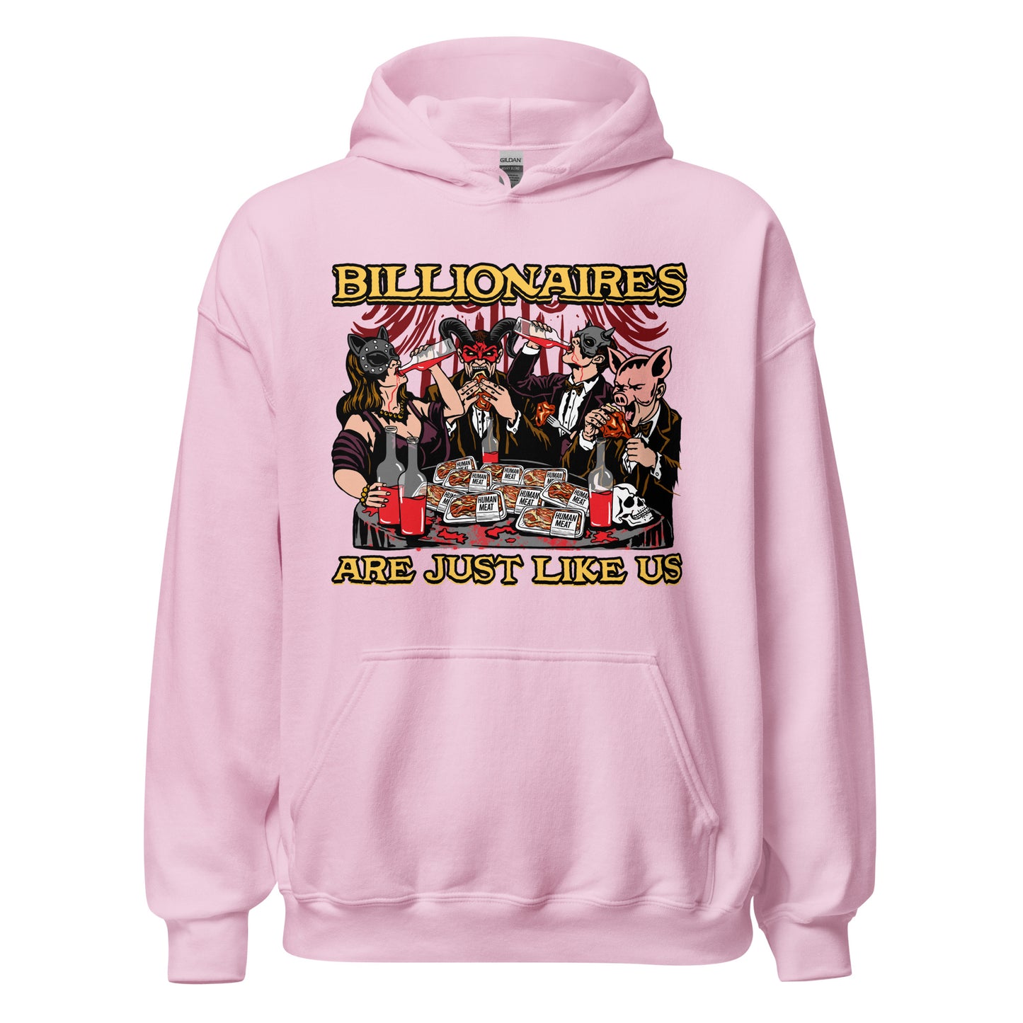 Funny billionaire satire hoodie with conspiracy style artwork
