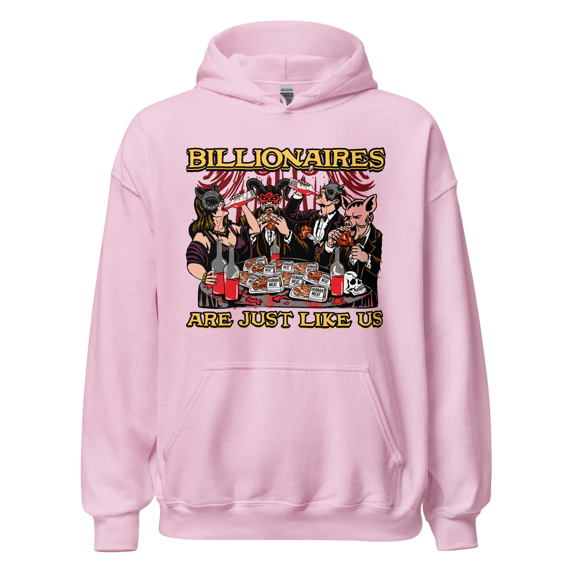 Funny billionaire satire hoodie with conspiracy style artwork

