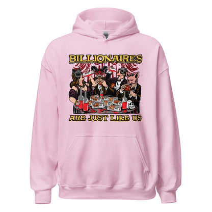 Funny billionaire satire hoodie with conspiracy style artwork
