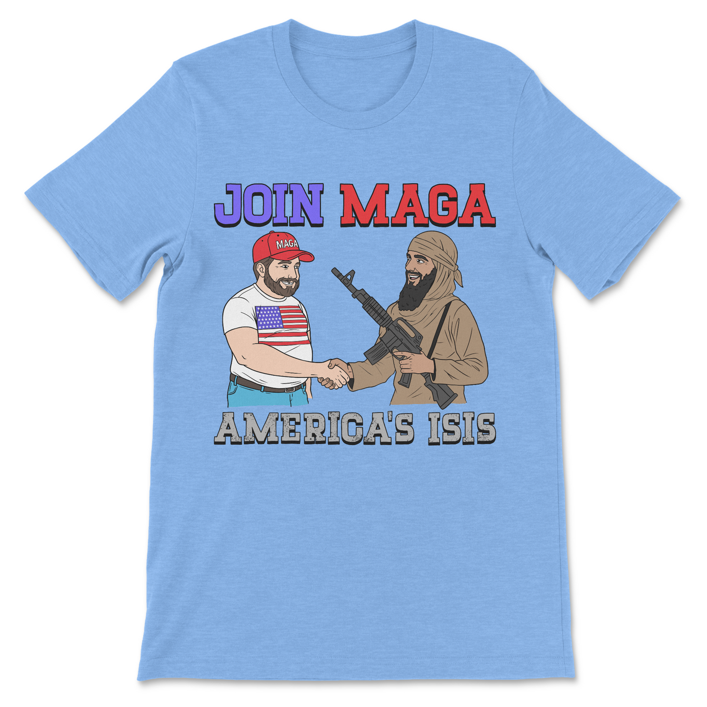 Shirts for liberals featuring a bold "Join MAGA: America's ISIS" design inspired by dark political satire.
