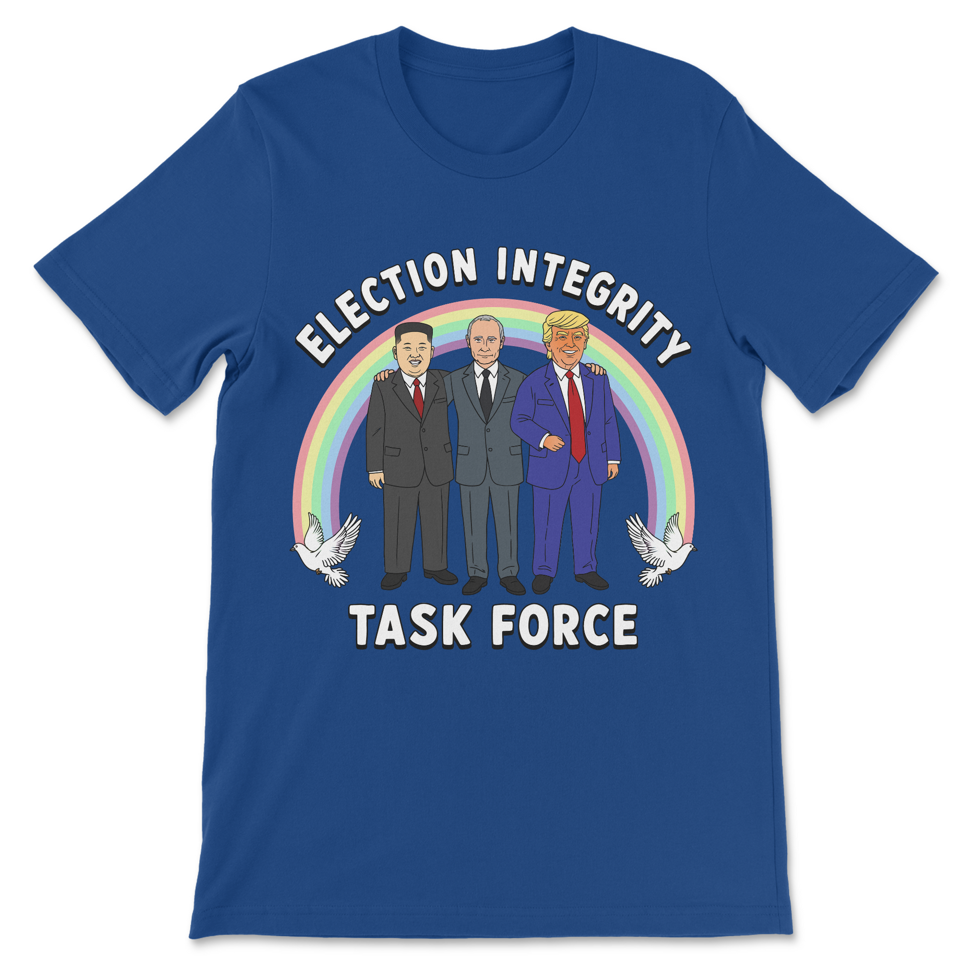 Satirical Election Integrity Task Force graphic tee featuring Trump, Putin, and Kim Jong Un in a vintage-inspired design.
