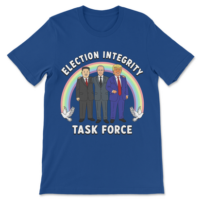 Satirical Election Integrity Task Force graphic tee featuring Trump, Putin, and Kim Jong Un in a vintage-inspired design.
