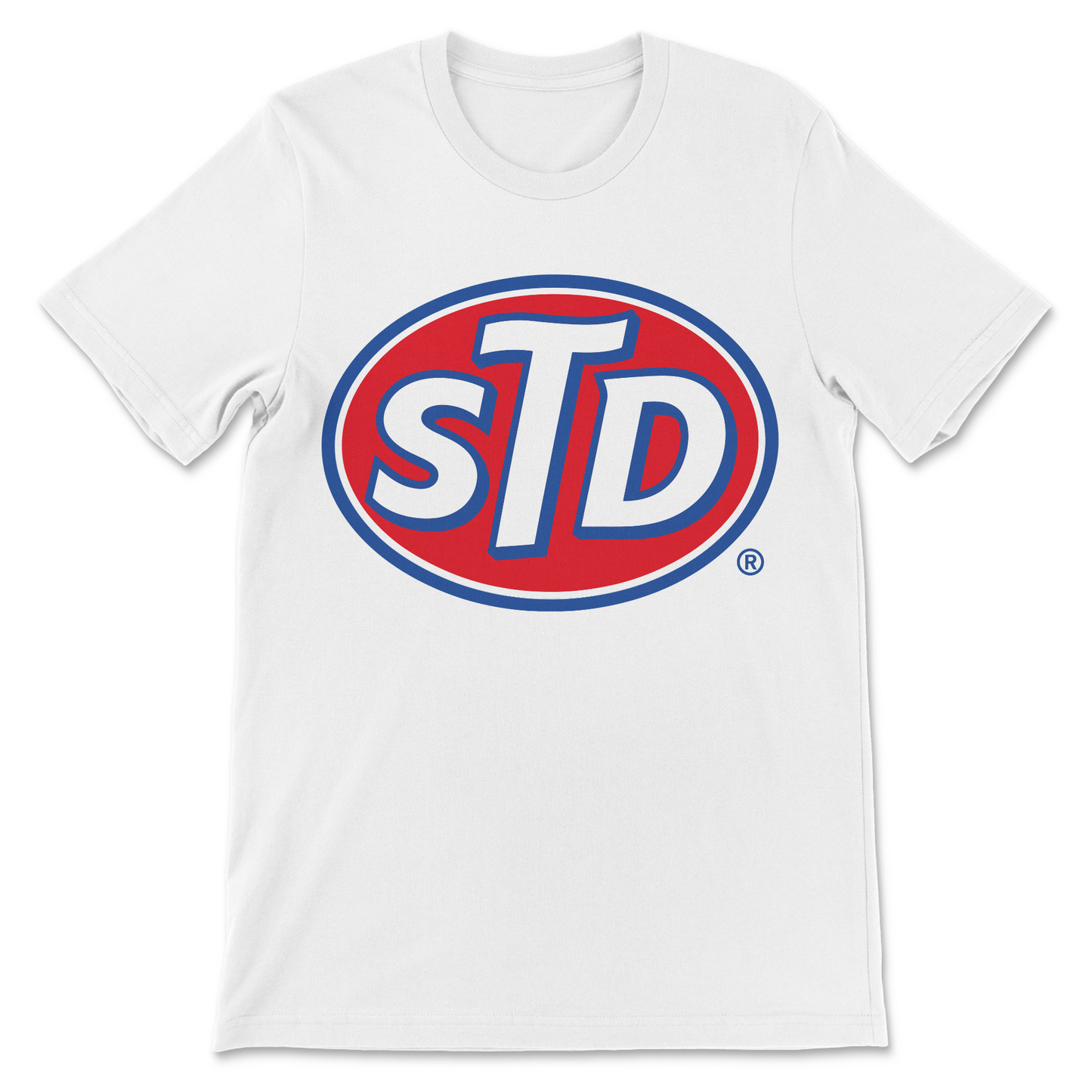 Grunge-inspired graphic tee with STD parody band logo design.
