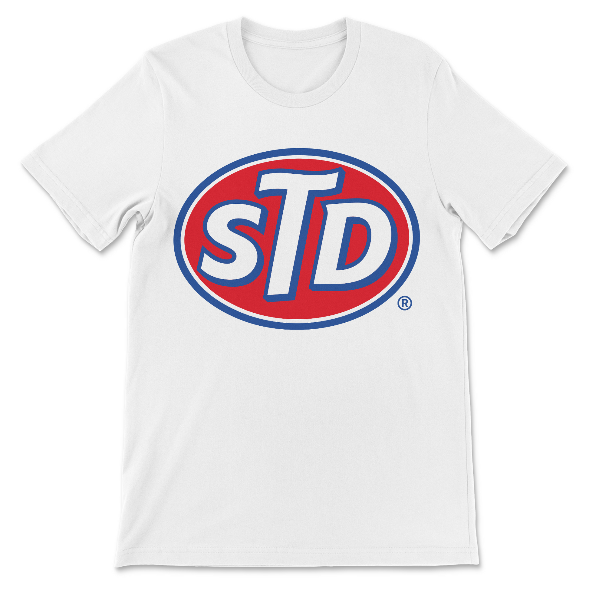 Grunge-inspired graphic tee with STD parody band logo design.
