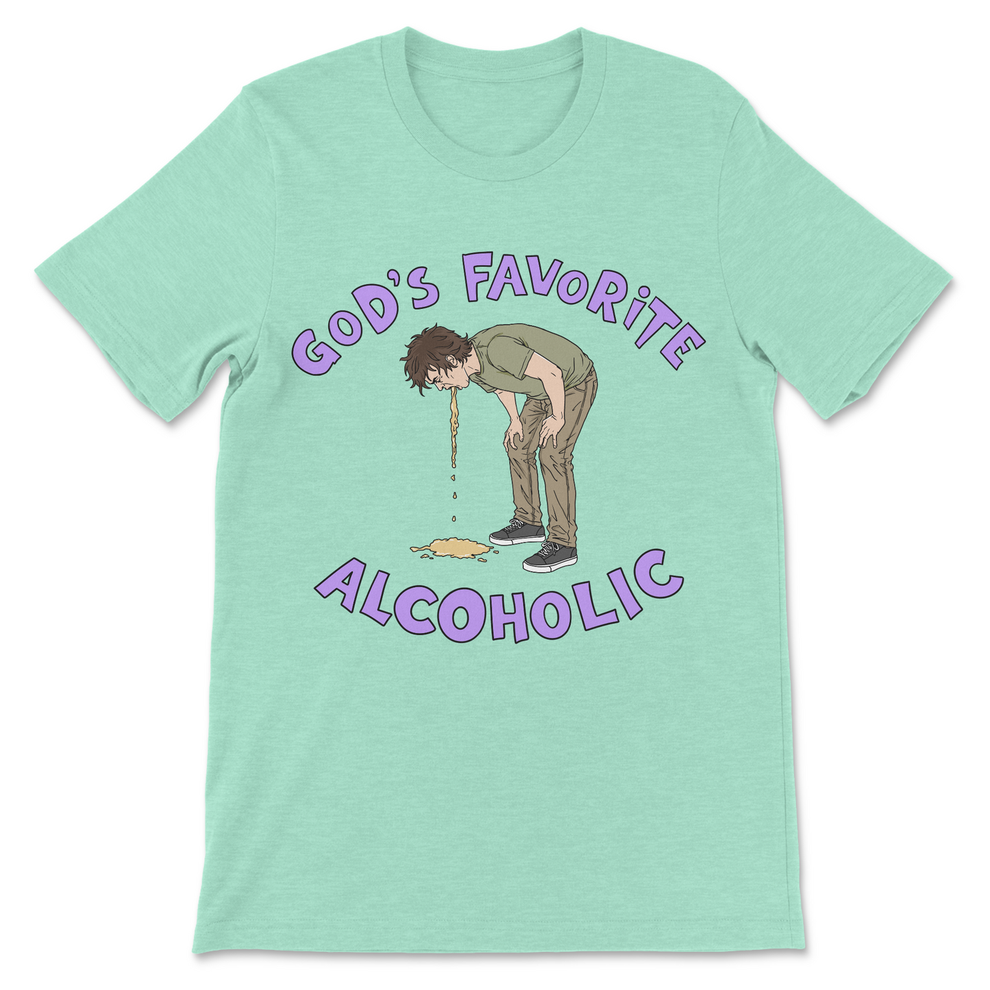 Funny dark humor shirt reading God's Favorite Alcoholic with a man throwing up.
