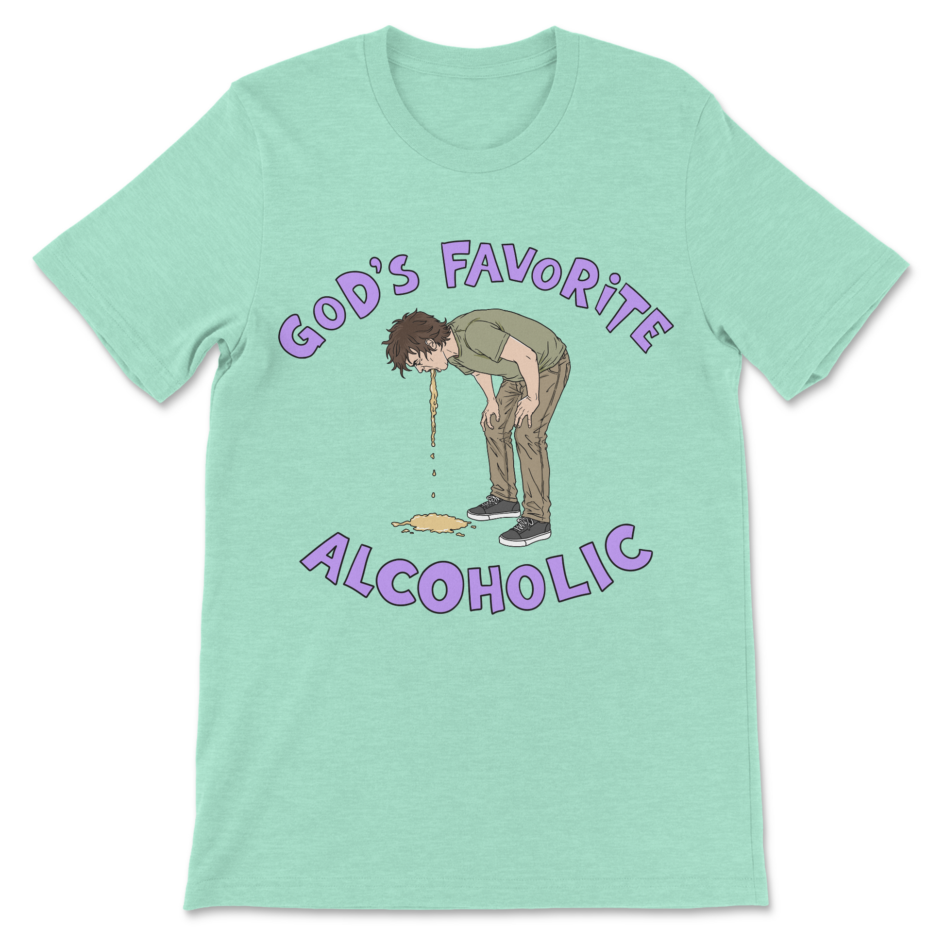 Funny dark humor shirt reading God's Favorite Alcoholic with a man throwing up.
