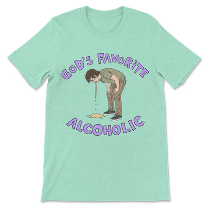 Funny dark humor shirt reading God's Favorite Alcoholic with a man throwing up.
