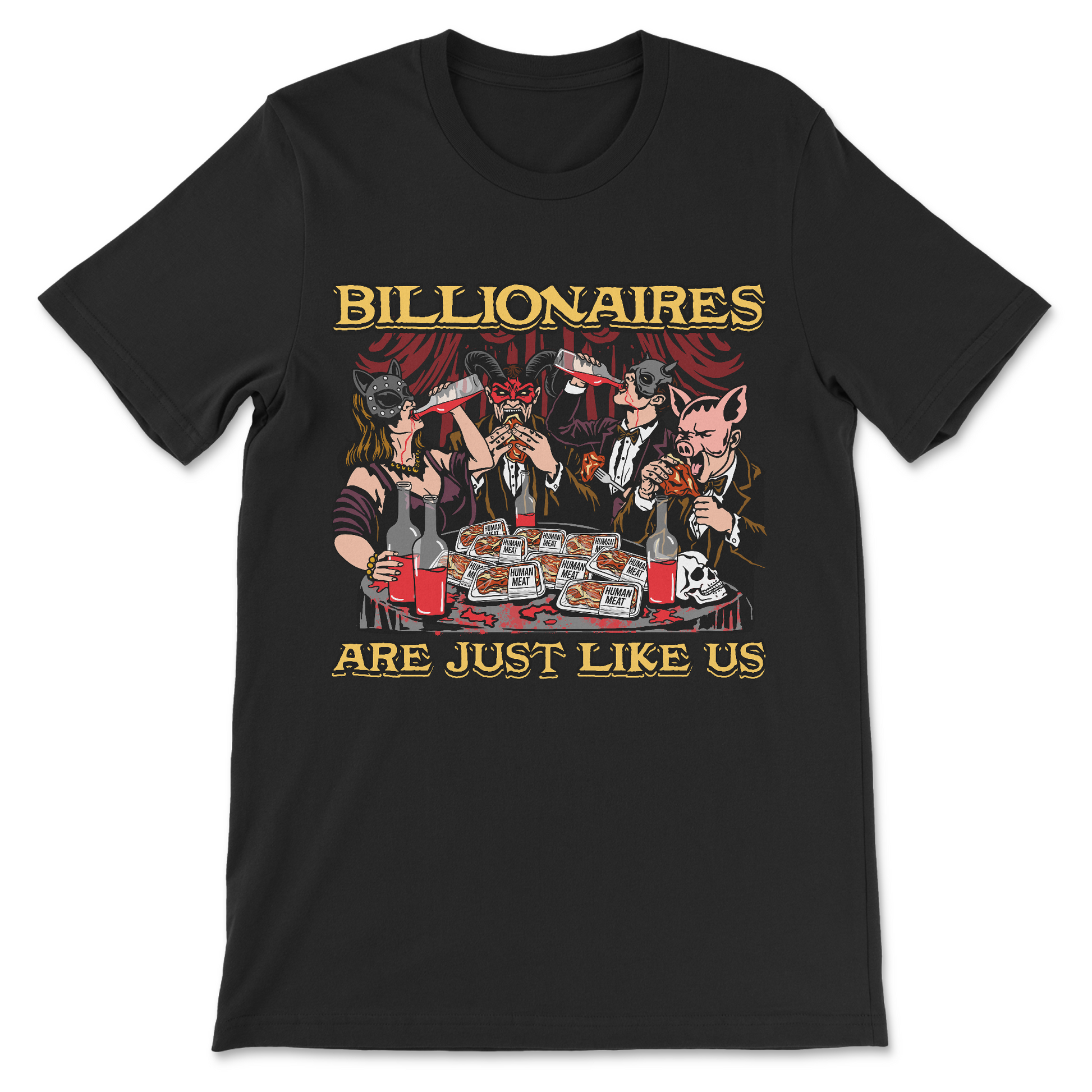 Anti corporate graphic tee with unsettling billionaire parody scene