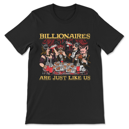 Anti corporate graphic tee with unsettling billionaire parody scene