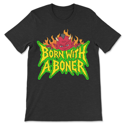 Crude humor shirt with a cartoon devil and the phrase "Born With a Boner."
