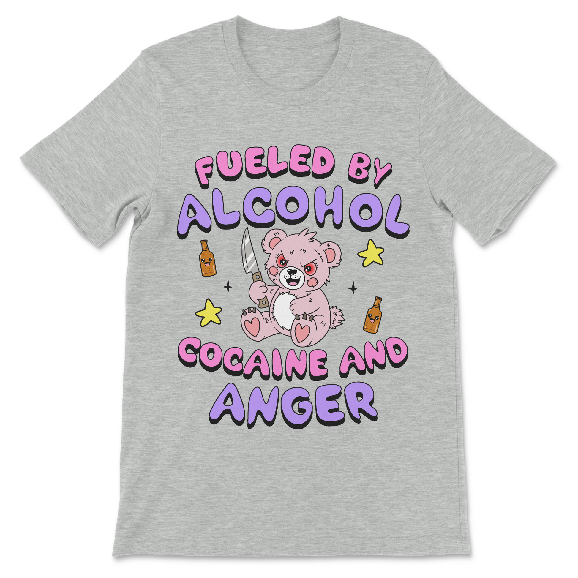 Offensive comedy shirt with a sarcastic alcohol and cocaine slogan.
