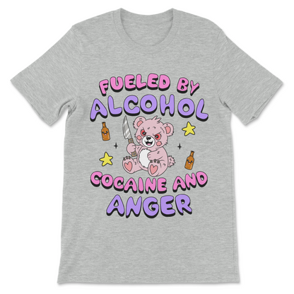 Offensive comedy shirt with a sarcastic alcohol and cocaine slogan.
