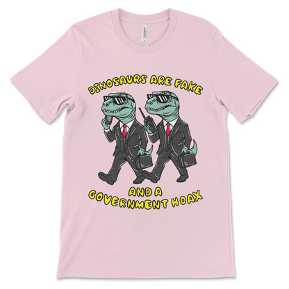 Unhinged CIA hoax t-shirt claiming dinosaurs are fake. Perfect for right wing conspiracy theorists.