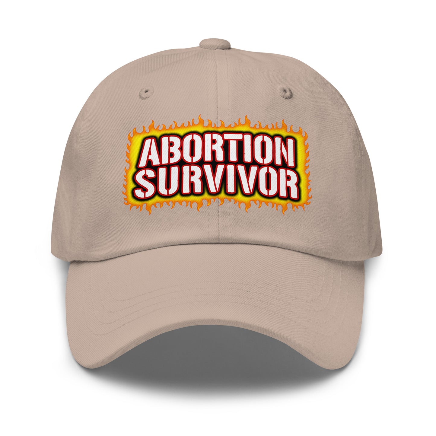 Funny novelty dad cap with controversial Abortion Survivor text.
