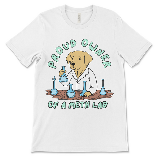 funny drug reference shirt with labrador dog illustration, ideal for people who enjoy banned t shirts and rude novelty shirts.