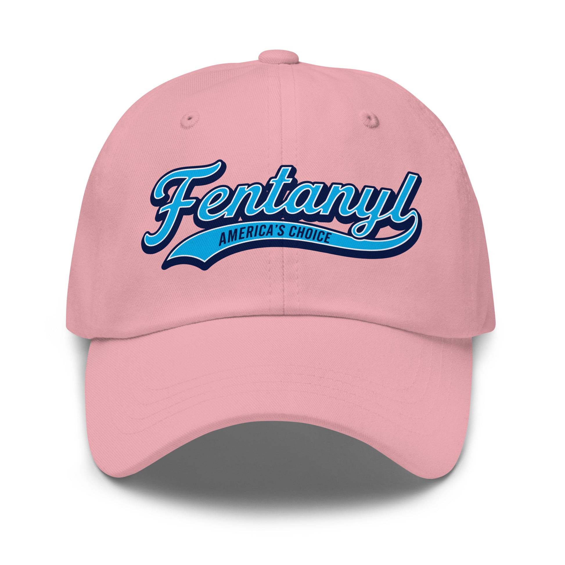 Funny political satire dad hat with a vintage sports logo and "Fentanyl: America's Choice" slogan.
