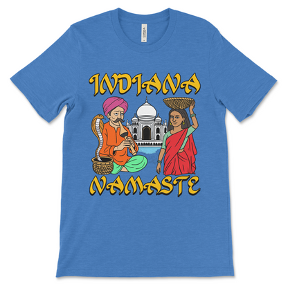 Ironic Indiana Namaste graphic tee, dark humor cringe apparel
