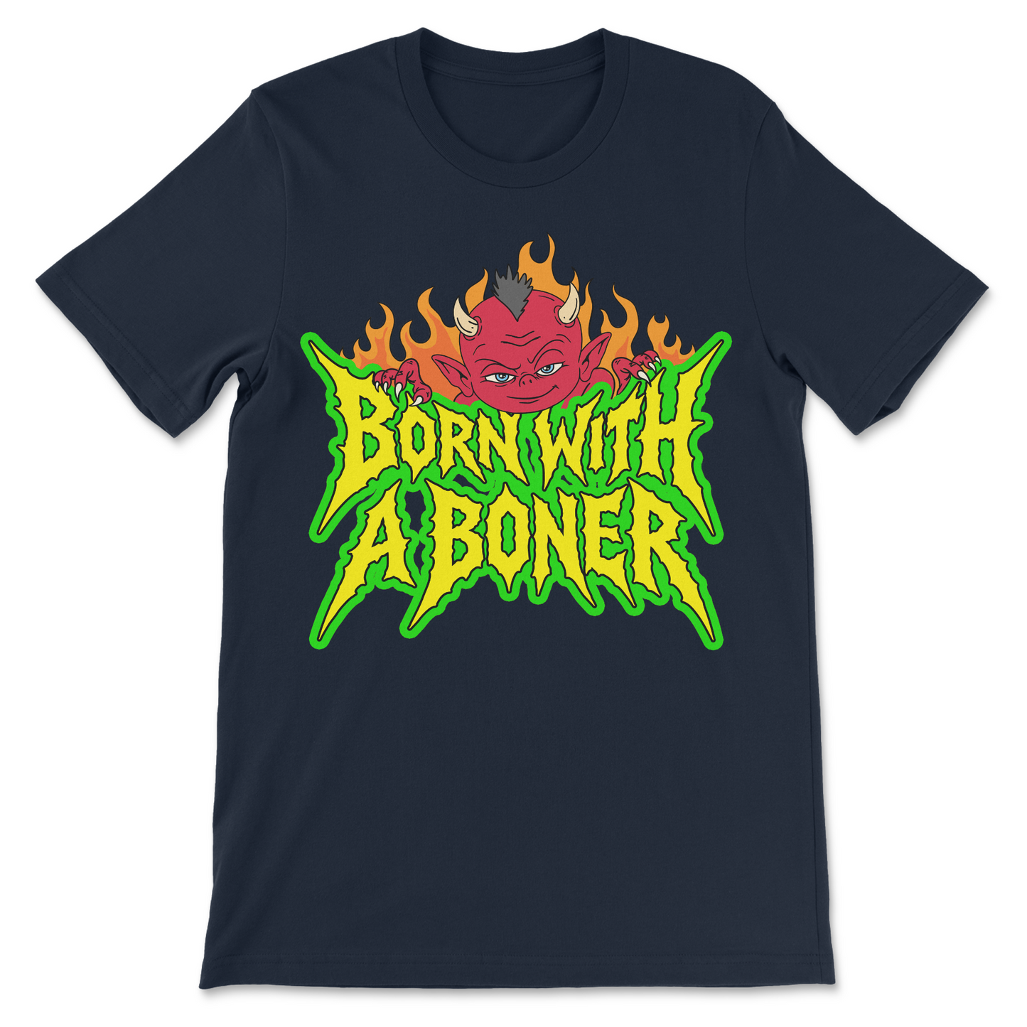 Heavy metal style meme design featuring a red devil and the words "Born With a Boner."

