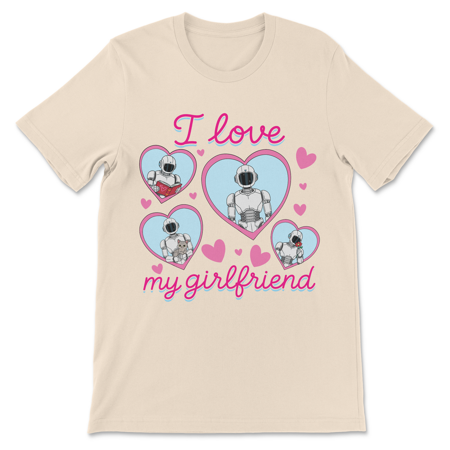 Pastel AI girlfriend shirt featuring a robot reading, holding flowers, cuddling a cat, and surrounded by hearts.