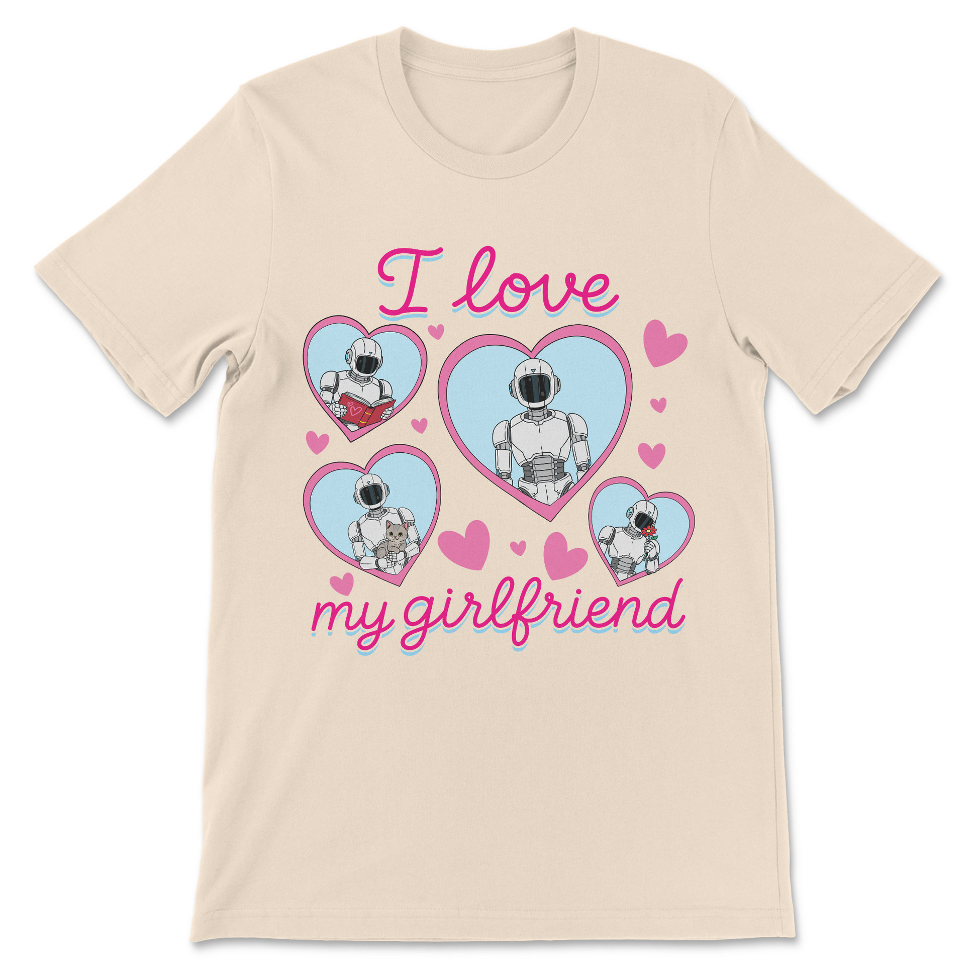 Pastel AI girlfriend shirt featuring a robot reading, holding flowers, cuddling a cat, and surrounded by hearts.