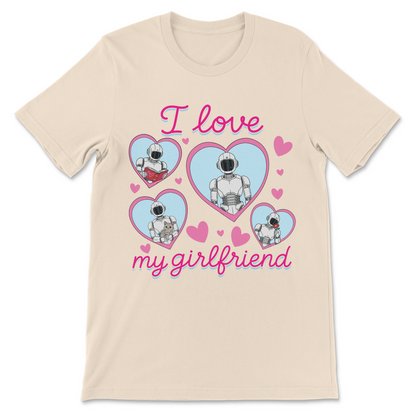 Pastel AI girlfriend shirt featuring a robot reading, holding flowers, cuddling a cat, and surrounded by hearts.