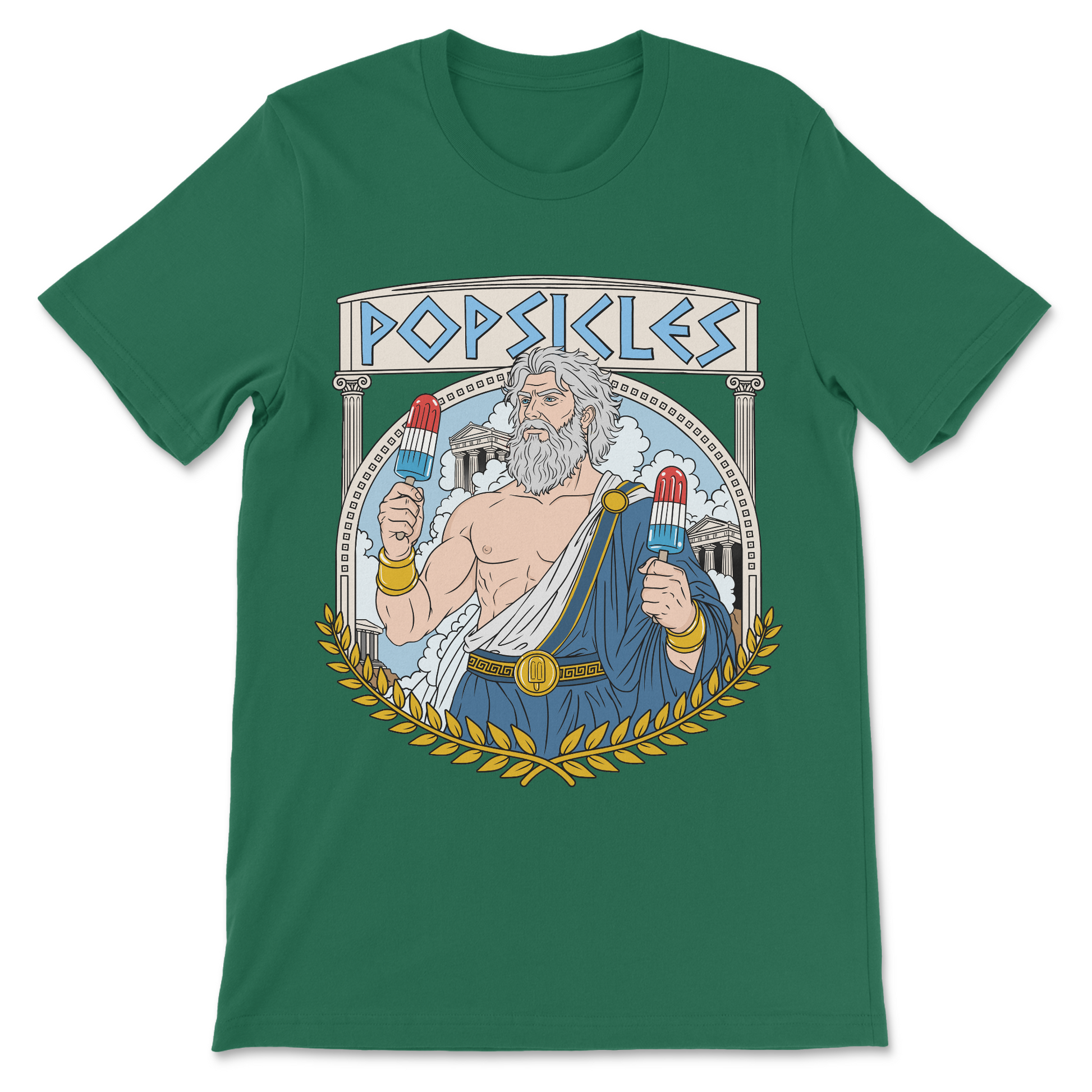 Pun shirt featuring a fictional Greek god named Popsicles with an illustrated ancient Greek-inspired design.