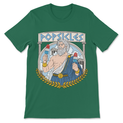 Pun shirt featuring a fictional Greek god named Popsicles with an illustrated ancient Greek-inspired design.