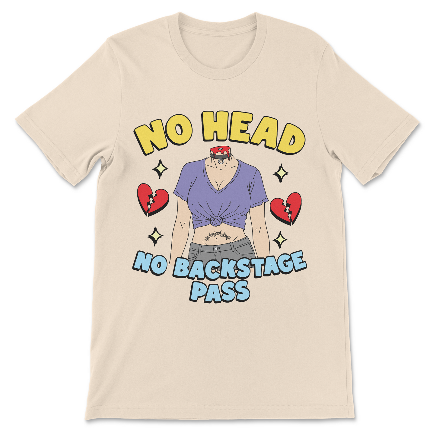headless woman rock humor no backstage pass tee
