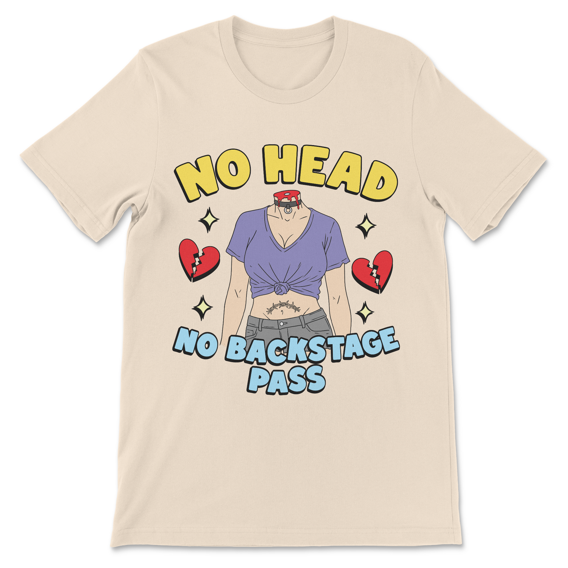 headless woman rock humor no backstage pass tee