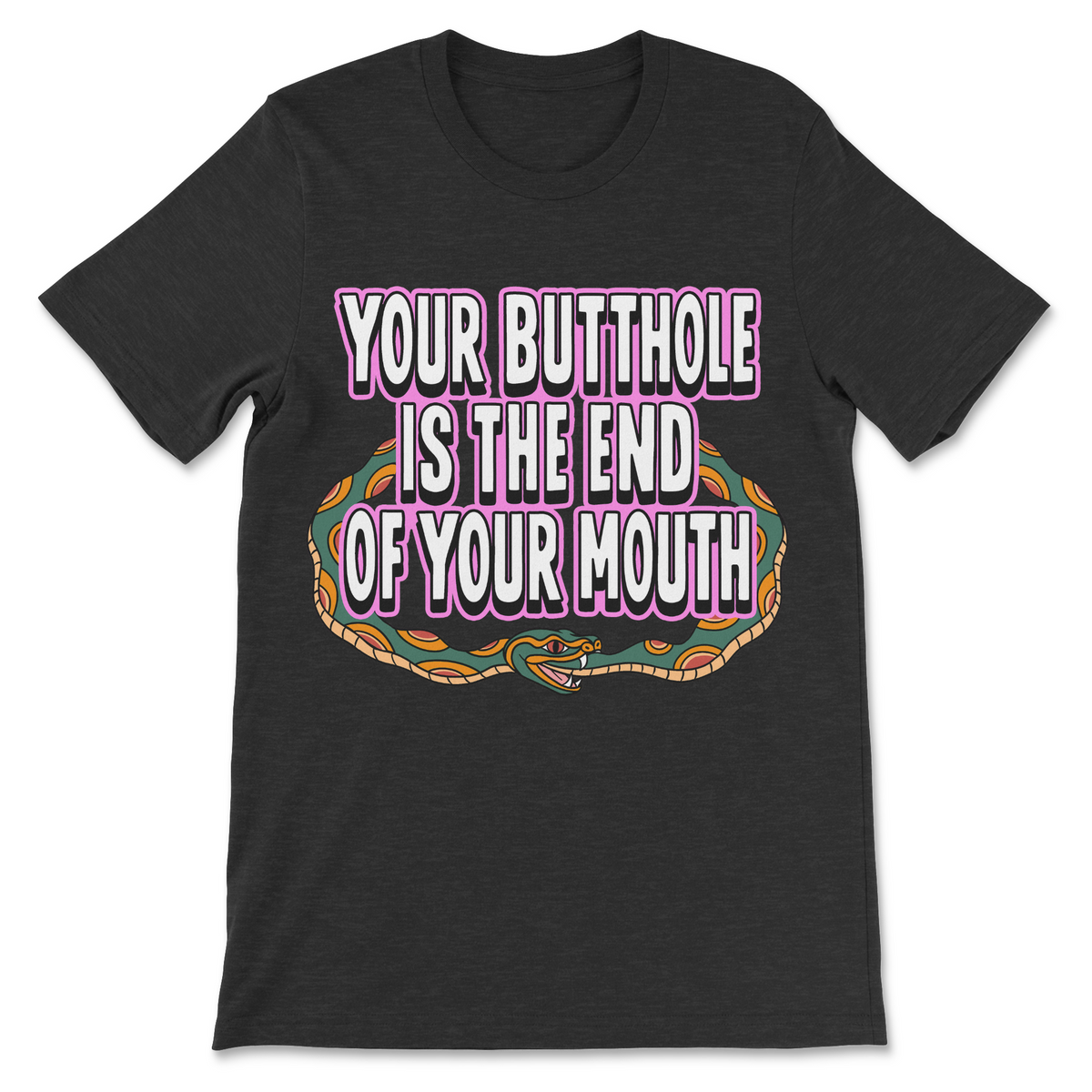A dark charcoal gray heather t-shirt with a graphic print on the front. The graphic features the text 'YOUR BUTTHOLE IS THE END OF YOUR MOUTH' in bold white letters with a pink outline, set against a stylized green and orange snake illustration.