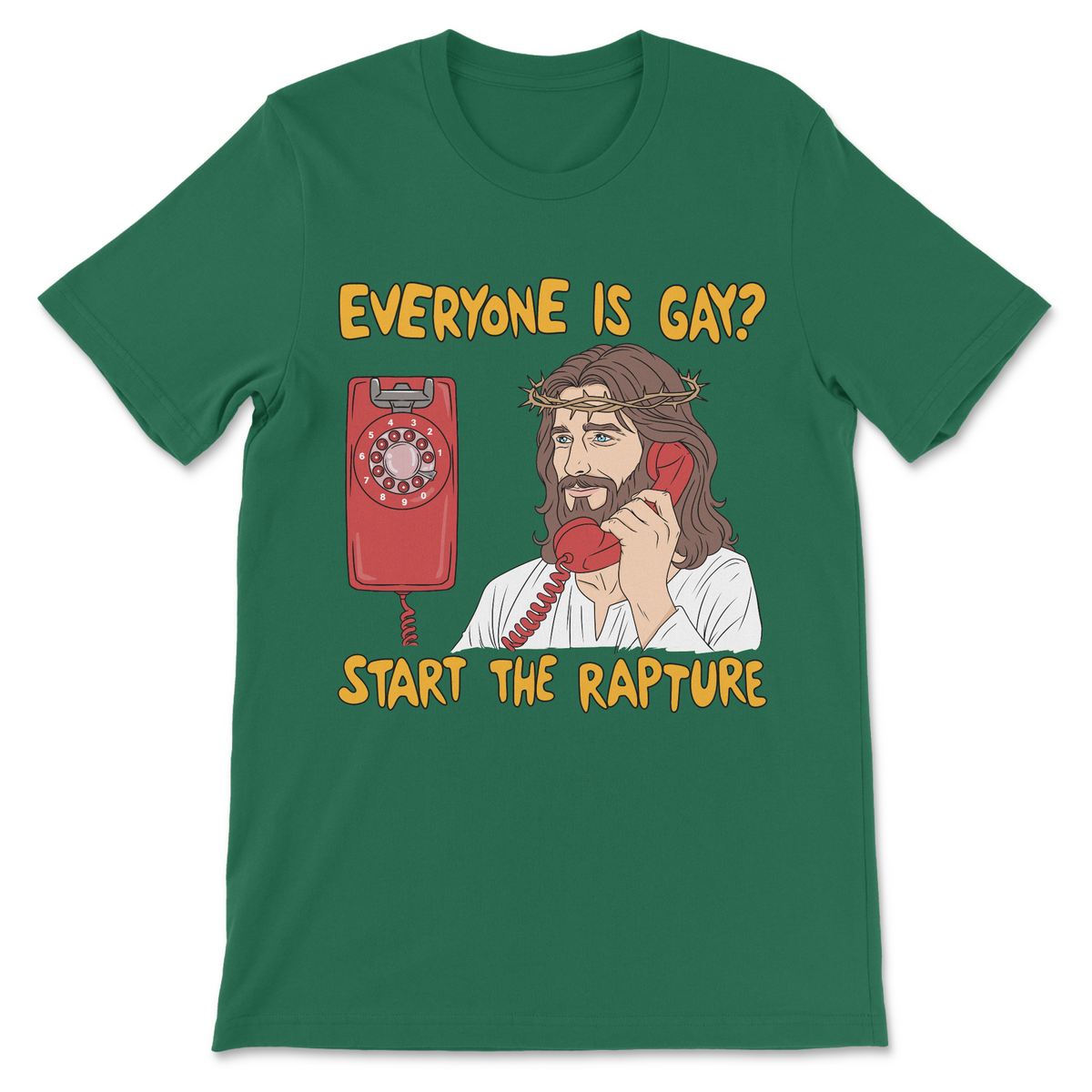 Irreverent religious parody showing Jesus answering a telephone with a sarcastic rapture joke and LGBTQ+ humor.
