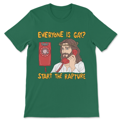 Irreverent religious parody showing Jesus answering a telephone with a sarcastic rapture joke and LGBTQ+ humor.
