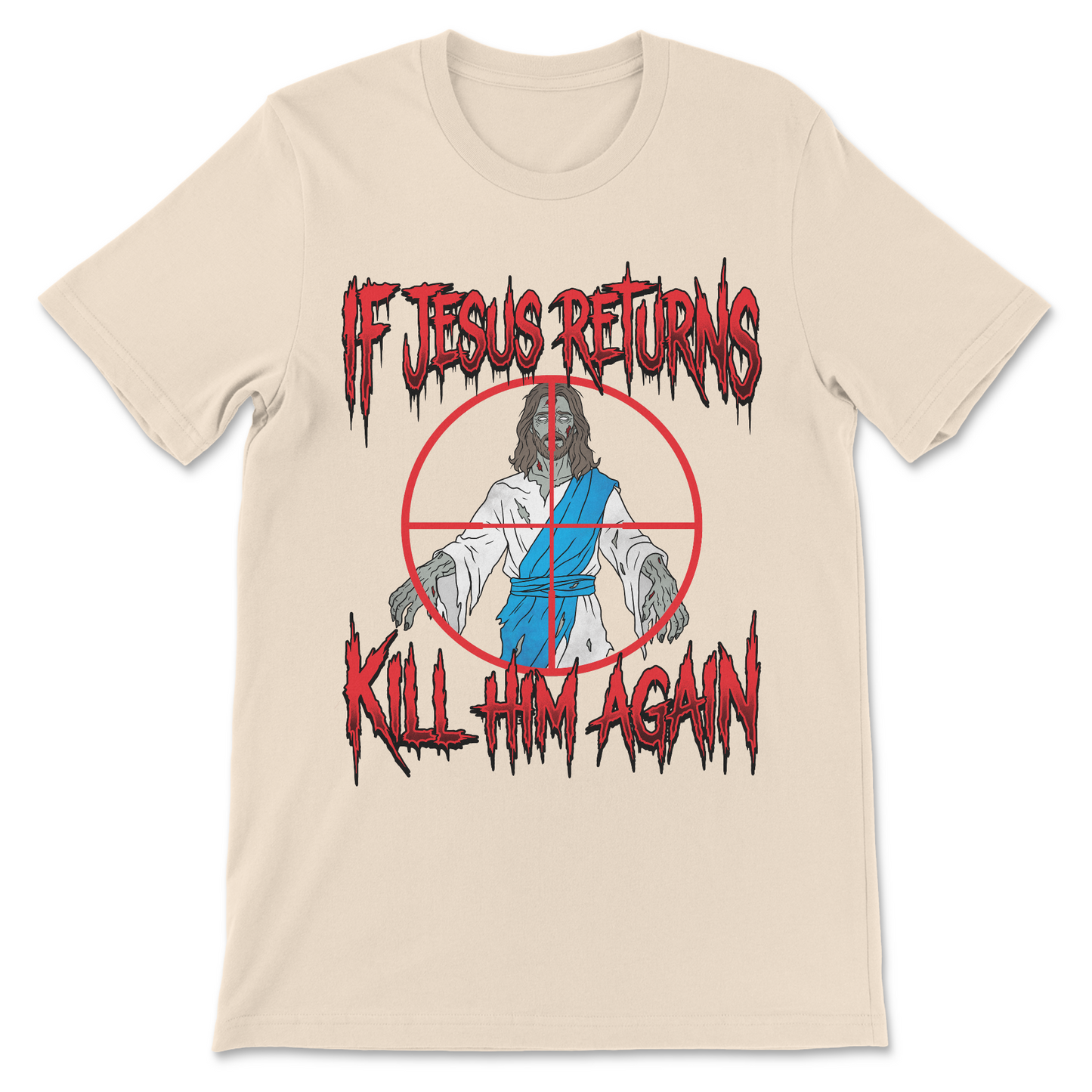 Offensive graphic t-shirt with a zombie Jesus illustration and dark religious humor.
