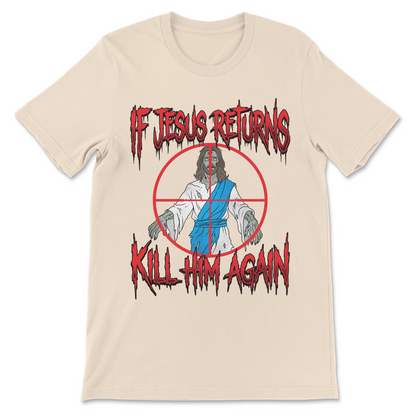Offensive graphic t-shirt with a zombie Jesus illustration and dark religious humor.
