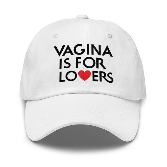 Offensive raunchy dad hat with naughty dirty slogan and lesbian humor twist.
