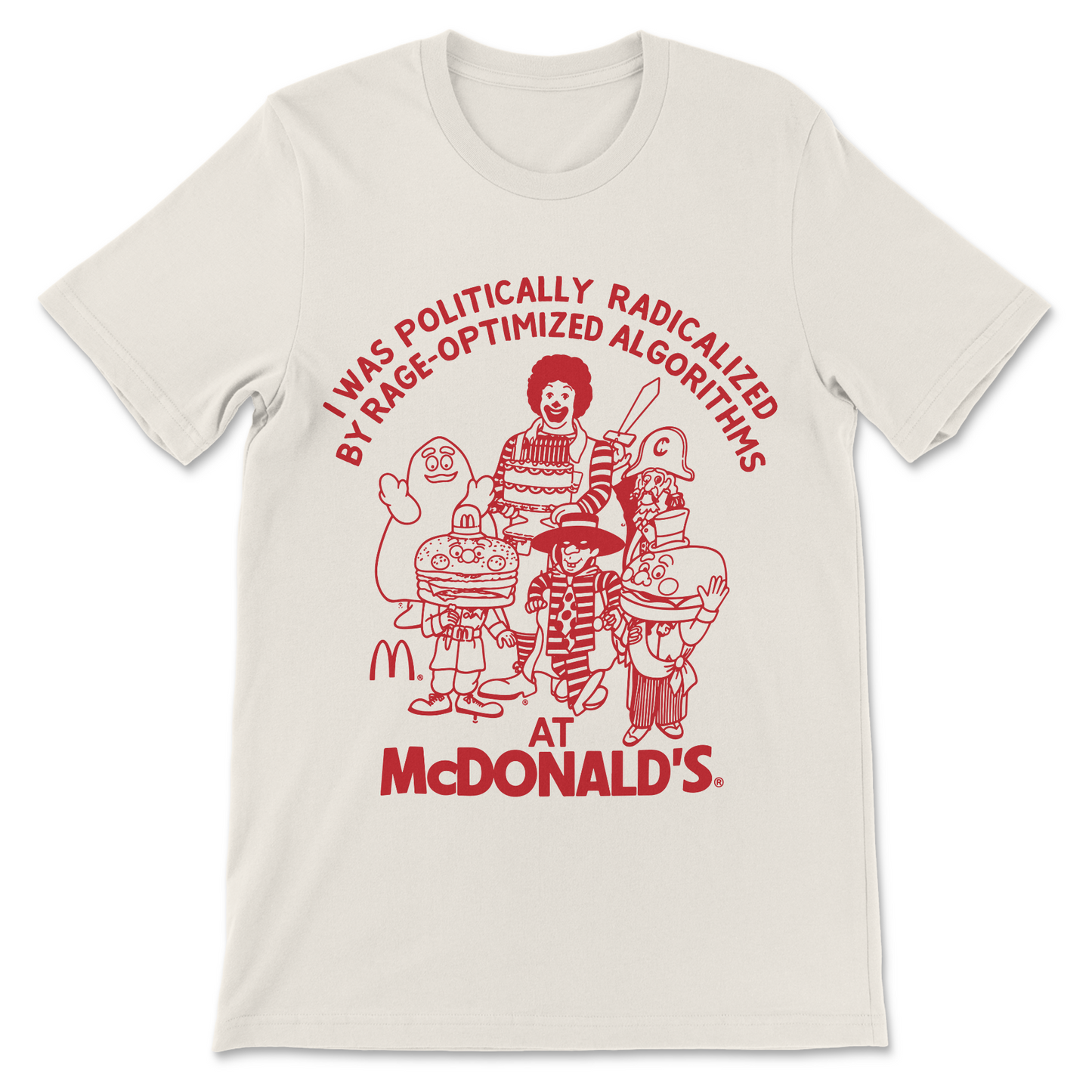 Political satire shirt mocking internet algorithms, online outrage, and modern social media culture.