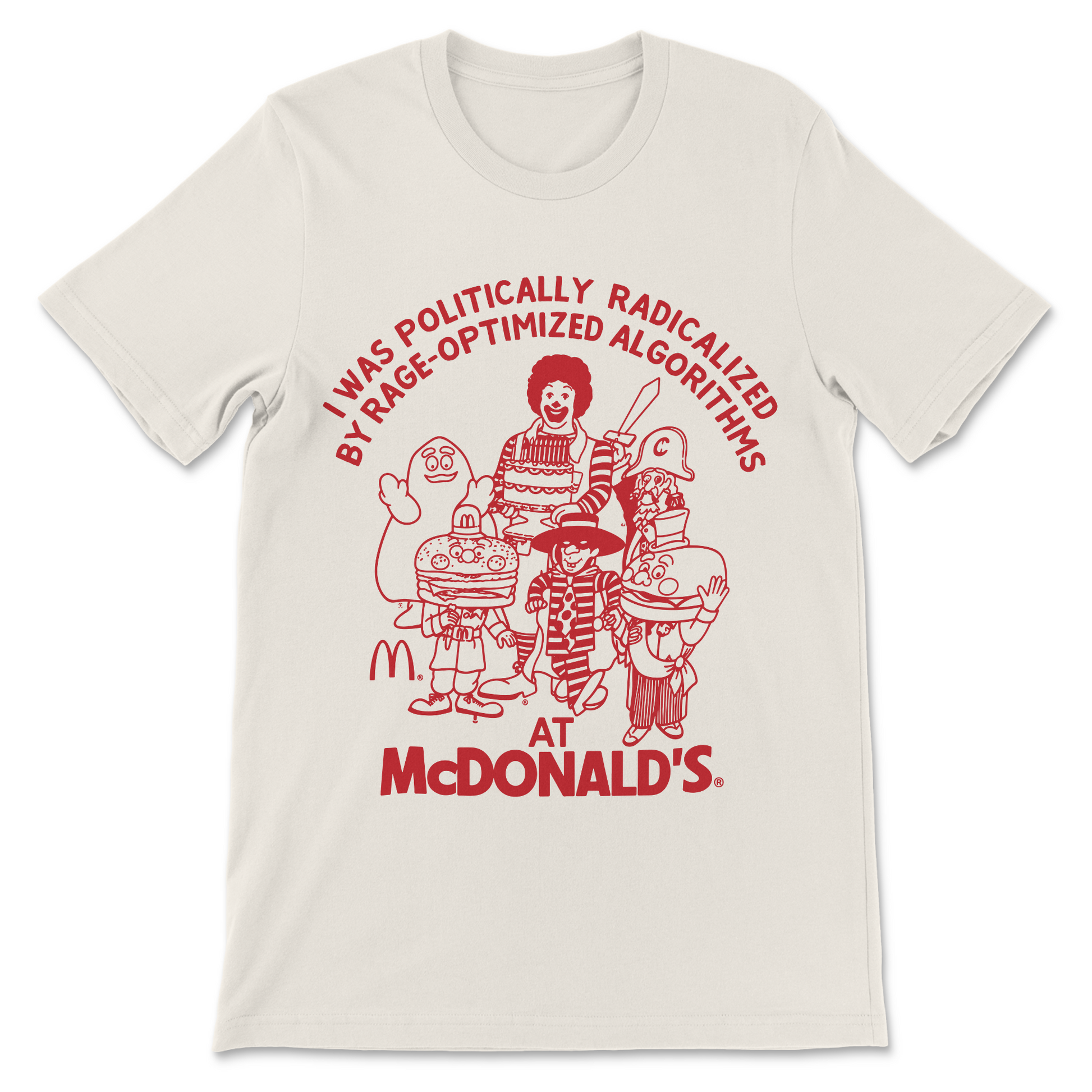 Political satire shirt mocking internet algorithms, online outrage, and modern social media culture.