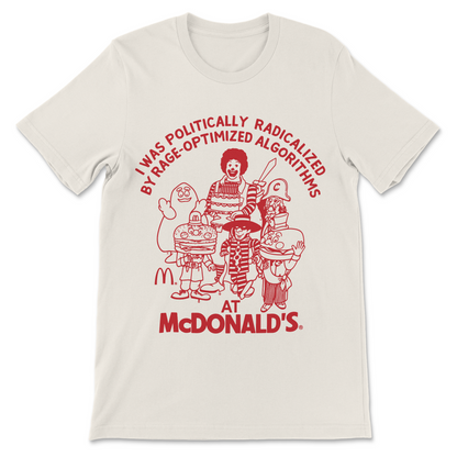 Political satire shirt mocking internet algorithms, online outrage, and modern social media culture.