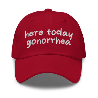 Here Today Gonorrhea dad hat, embroidered offensive slogan cap, dark humor meme hat, inappropriate quote dad cap, edgy baseball caps, ironic embroidered hat for meme lovers.
