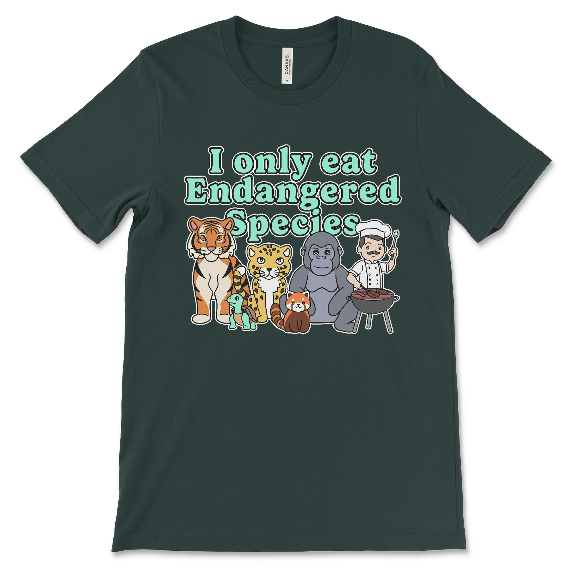 T shirt that says I Only Eat Endangered Species offensive meme shirt with dark humor inappropriate slogan and anti-environmental joke